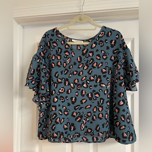 Caramela Blue Leopard Animal Print Blouse shirt - Picture 6 of 6